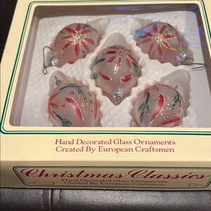 Set of 5 glass Christmas tree ornaments white background with red green